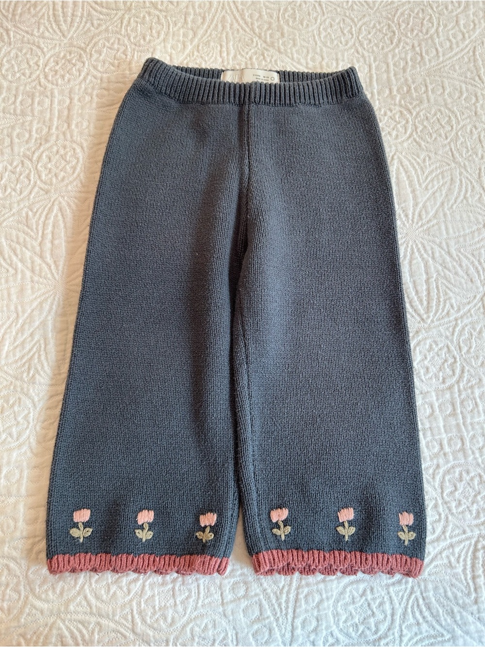 Zara Gray Knit Wide-Leg Pants with Pink Floral Embroidery
